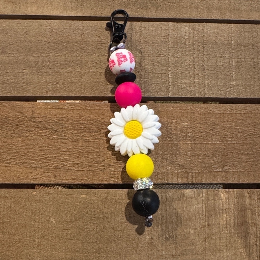 Daisy Charm Keychain with Pink and Yellow Beads
